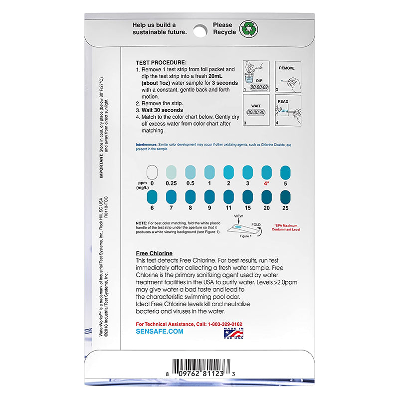 WaterWorks Free Chlorine Check Test Strips – 30 foils packet tests | 481123